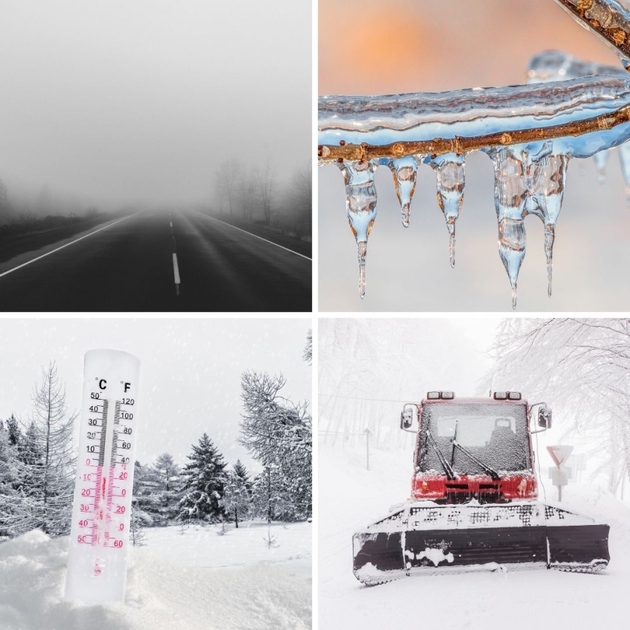 collage of snow and ice images (snowy road, icicles, thermometer in snow and snow plow)